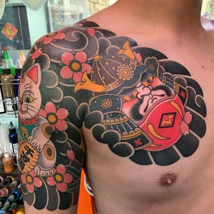 เก่าแบบดั้งเดิมครึ่งจับธรรมะไข่ดอกซากุระสักสติกเกอร์แขนใหญ่หน้าอกผู้ชายผู้หญิงสติกเกอร์รอยสักโชคดีแมวกันน้ํายาวนาน