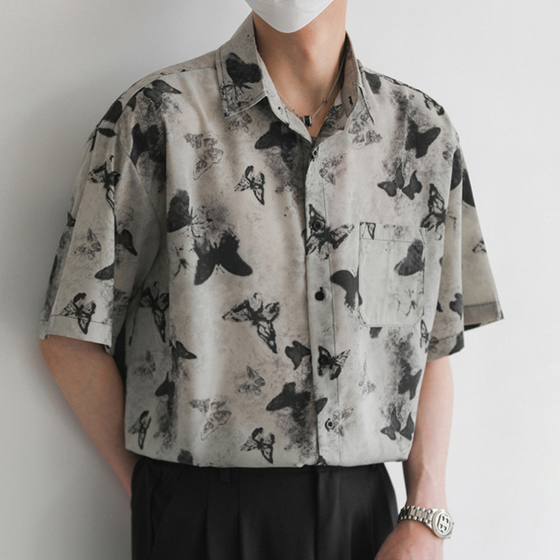 เชิ้ตผู้ชาย ฤดูร้อนผีเสื้อพิมพ์คู่หลวมทุกการแข่งขันเสื้อลําลองแขนสั้น เสื้อเชิ้ตผู้ชาย