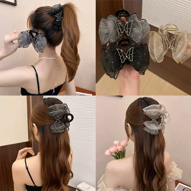 ฤดูร้อนใหม่ 2024 ตาข่ายโบว์กิ๊บผู้หญิงด้านหลังหัวครึ่งผมกรงเล็บคลิปเพชรผีเสื้อฉลามคลิป