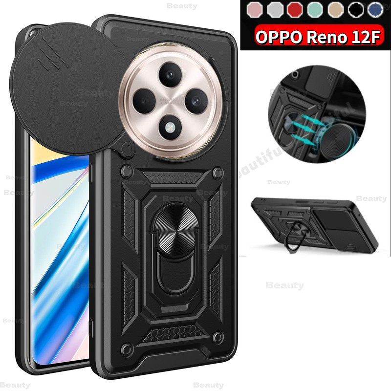 สําหรับ OPPO Reno 12F 5G 2024 สไลด์เลนส์กล้องป้องกันกรณีแหวนแม่เหล็ก Stand Holder ฝาครอบ Reno12F OPPO Reno12 F 12Pro 11f Reno12Pro F12 เกราะกันกระแทกเคสโทรศัพท์ OPPOReno12F