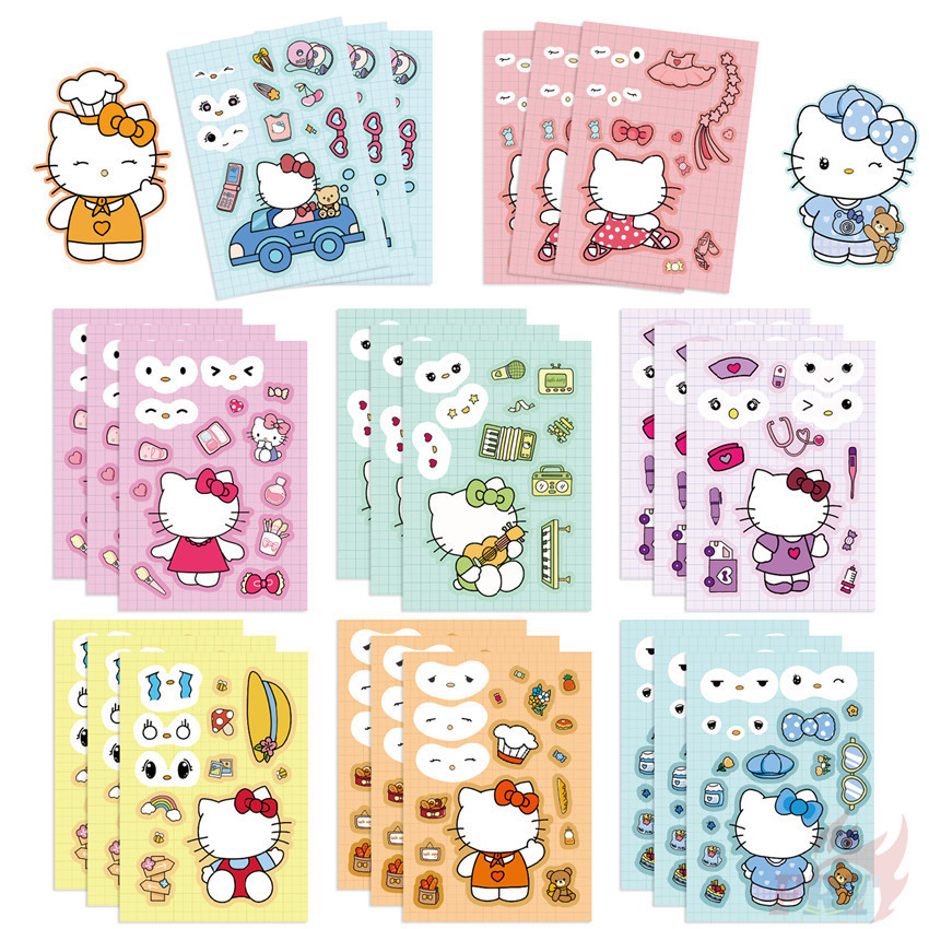 8แผ่น/ชุด คิตตี้ สวัสดี คิตตี้ . Make A Face Series 01 สติ๊กเกอร์ปริศนาตลกสําหรับเด็ก Diy แฟชั่นสติ๊กเกอร์ Doodle กันน้ํา