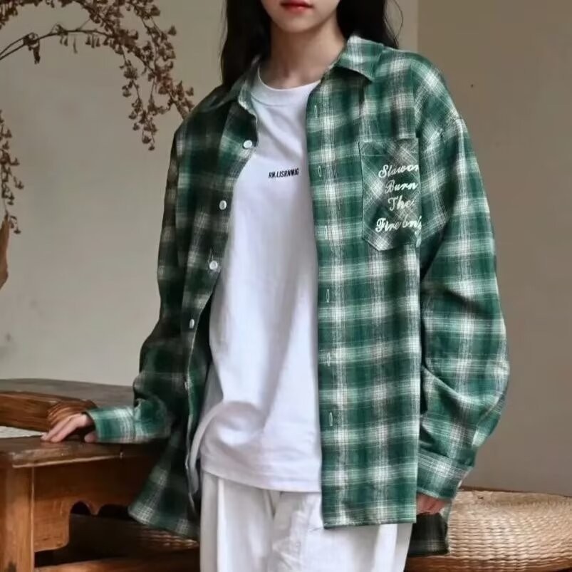 ฮั่นลู่ เสื้อเชิ้ตแขนยาวลายสก๊อตอเมริกันย้อนยุคด้านบนลําลองหลวม