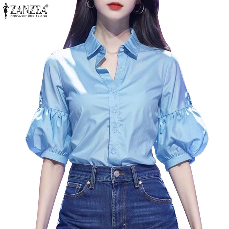 Zanzea เสื้อเชิ้ตกระดุมแขนพัฟแข็งแฟชั่นสตรี