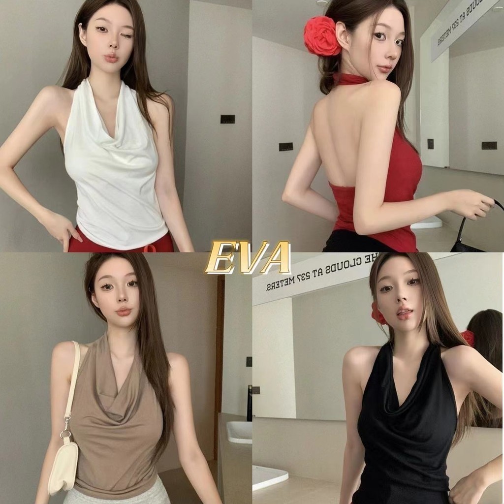 Eve คล้องคอ เซ็กซี่ เปิดหลัง เข้ารูป แบบเรียบ แฟชั่นฤดูร้อน สีอ่อน มีหลายสีให้เลือก