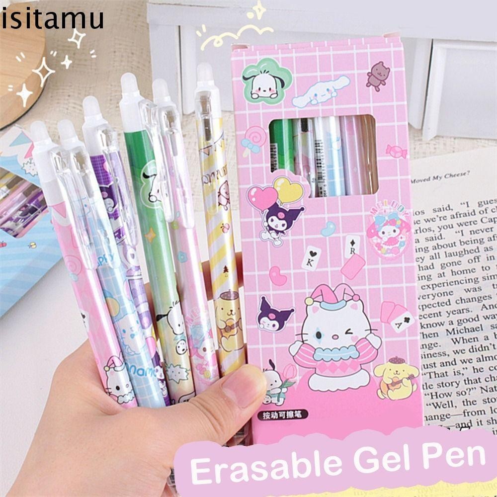 Isitaft 6PCS ปากกายางลบความร้อน, Kuromi Melody Blue Ink Erasable Gel ปากกา, การ์ตูน INS กดความงาม 0.5 มม. Neutral ปากกาโรงเรียน Office