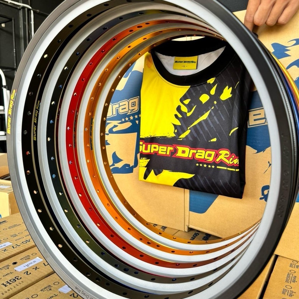 วงล้อ Super Drag Rim ทรงA 1.40-17 ทูโทน แท้ ราคาต่อ1 คู่ แถมฟรี เสือ1ตัวลายใหม่