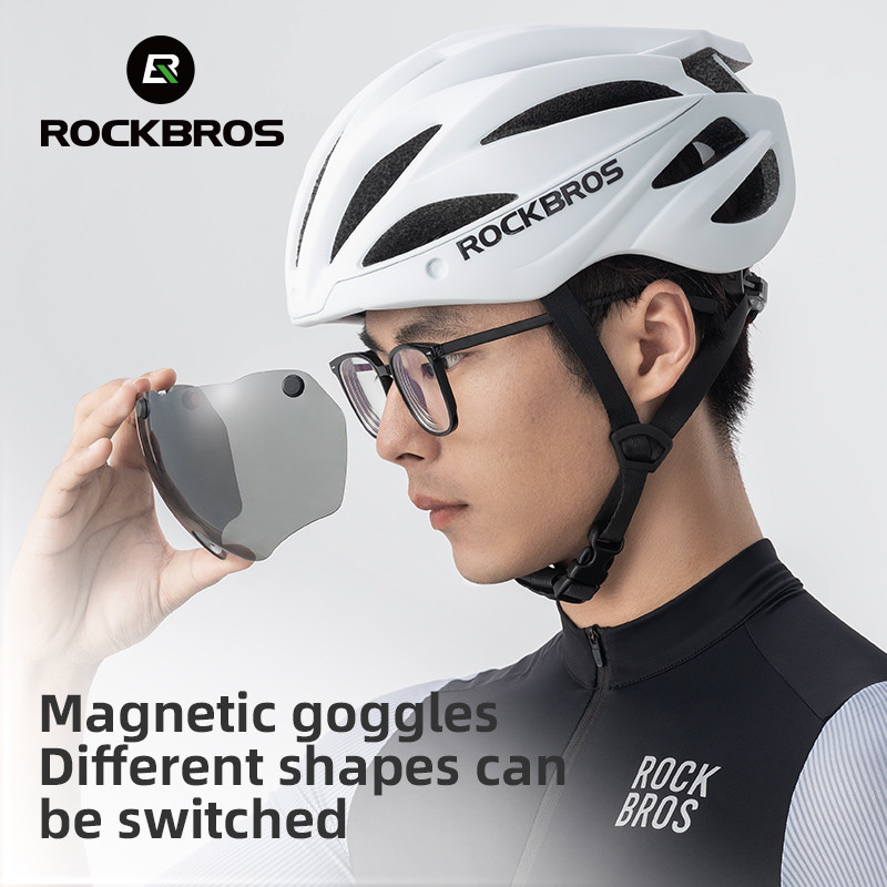 Rockbros หมวกกันน็อคจักรยาน Aerodynamics Integrated Molding หมวกกันน็อคจักรยานหนาพร้อมแว่นตาหมวกกันน็อคจักรยานเสือหมอบ MTB อุปกรณ์ขี่จักรยาน 58-62 ซม.
