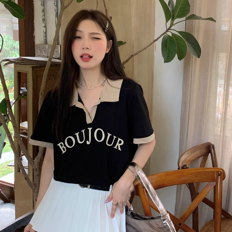 Solovely สไตล์เกาหลี ผ้าฝ้าย เสื้อตัวบน พิมพ์ลาย แขนสั้น เสื้อโปโล