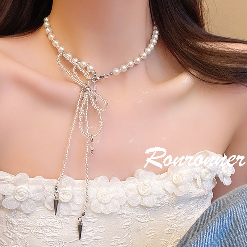 มุกโบว์พู่สร้อยคอสําหรับผู้หญิงแฟชั่นคริสตัลลูกปัดโบว์สร้อยคอสําหรับสาวๆเย็นมุกดาวโซ่สร้อยคอชุดอุปกรณ์เสริมเครื่องประดับ