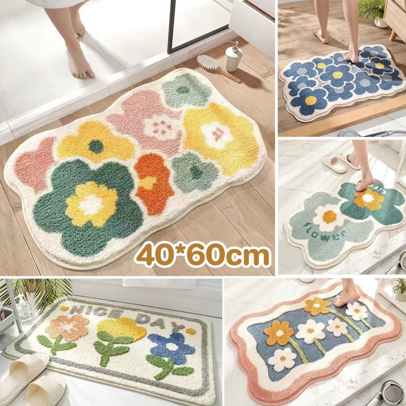 พร้อมส่ง🏘️พรมปูพื้น พรมขนแคชเทียร์เทียม นิ่มสบาย ดูดซับน้ำ มีกันลื่น แห้งไว ลายดอกไม้ ขนาด 40×60cm