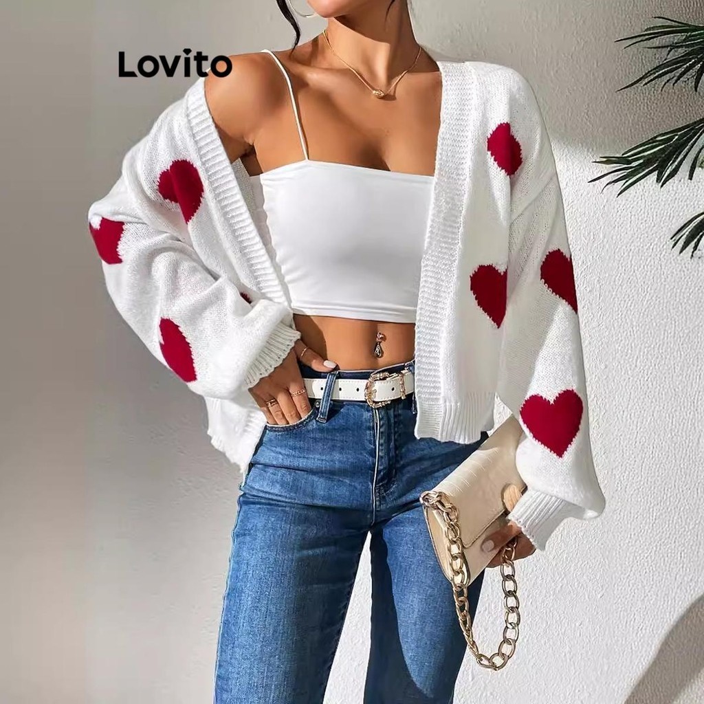 Lovito เสื้อคาร์ดิแกนผู้หญิง บล็อกสี ลายหัวใจ สไตล์ลำลอง LNL62024