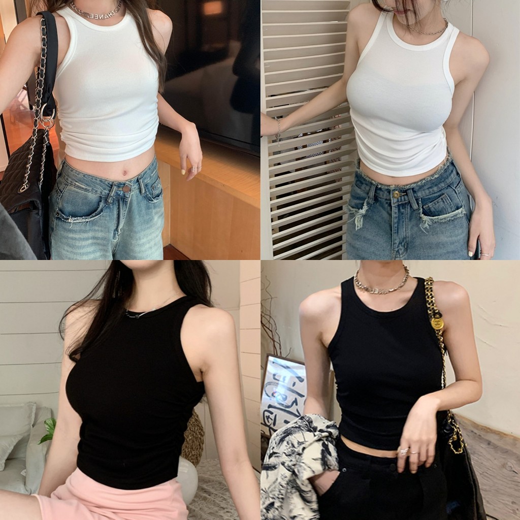 🍑Evelyn🍑เสื้อกล้าม มีฟองน้ำ สีพื้น เข้ารูป ผ้าร่องยืด แขนกุด ครอปกล้าม ทรงเกาหลี ผ้านิ่ม ใส่สบาย ส่งไวจากไทย