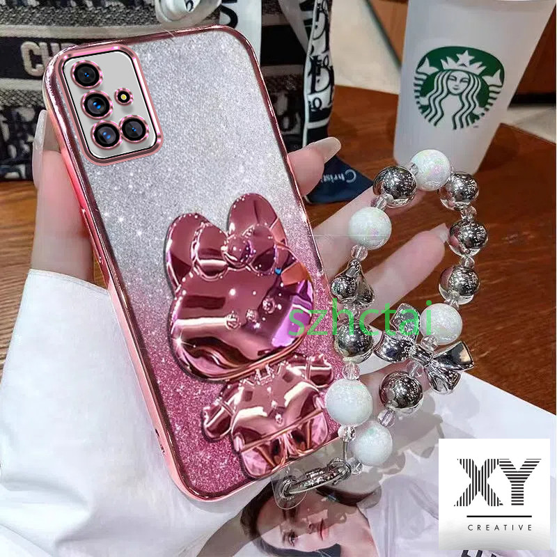 เคสโทรศัพท์ Samsung A51 A71 M51 กระต่ายน่ารักวงเล็บกระจกหรูหรานุ่มกันกระแทกฝาหลังพร้อมสร้อยข้อมือเชื