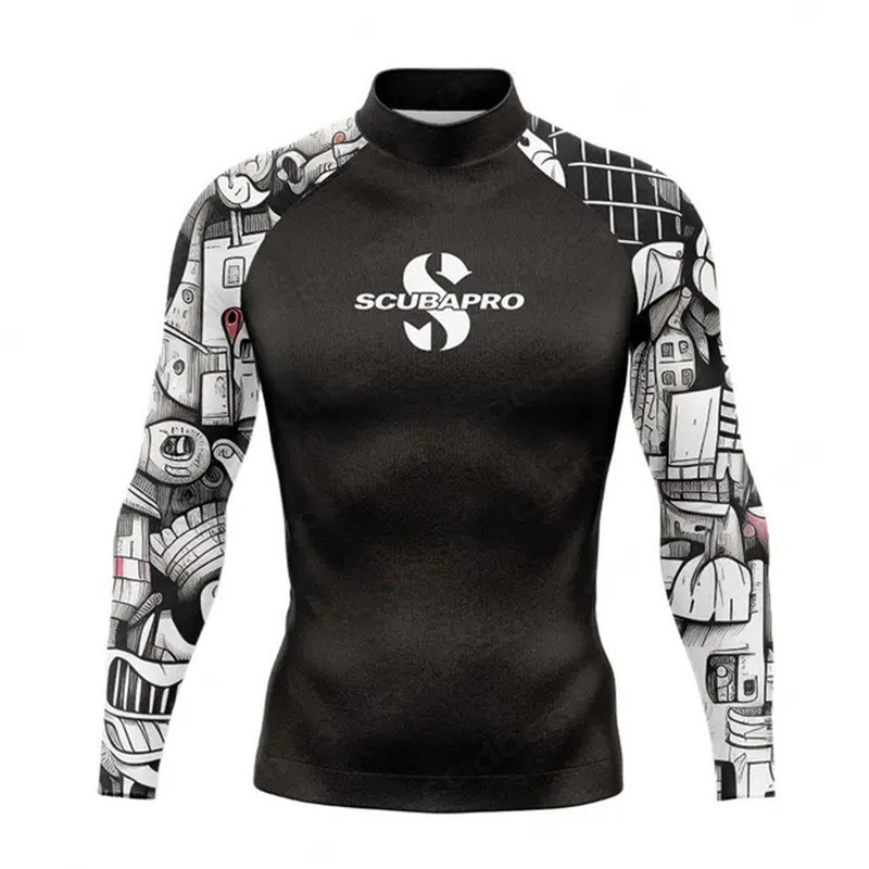 2025 ฤดูร้อนใหม่บุรุษแขนสั้นท่องดําน้ําชุดว่ายน้ํา Rash Guard Beach UV Protection ชุดว่ายน้ําว่ายน้ําเสื้อยืด Rashguard Surf เสื้อผ้า