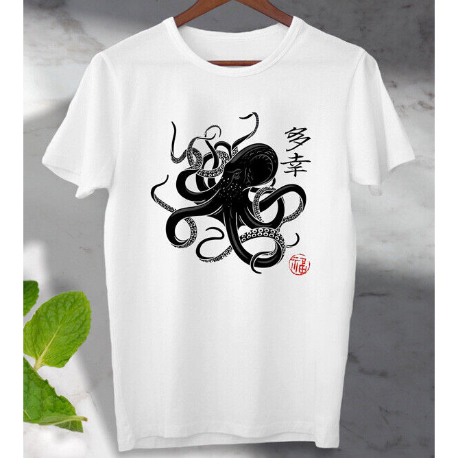 Octopus ญี่ปุ่นการประดิษฐ์ตัวอักษรเสื้อยืดญี่ปุ่น Gyotaku อะนิเมะผู้ชายสุภาพสตรี