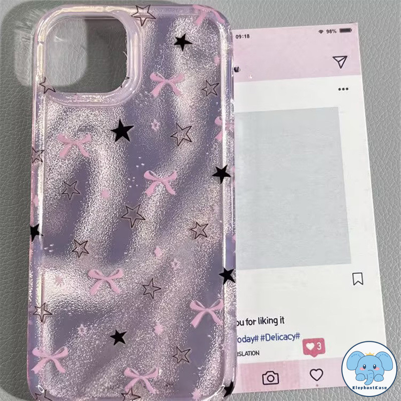 รีโทรดาวสีชมพูโบว์น๊อตน่ารักจุดขนนกเส้นด้าย Iphone 11 13 12 15 14 Pro Max 7Plus 7 8 Plus XR X XS Max SE 2022 หน้าปก