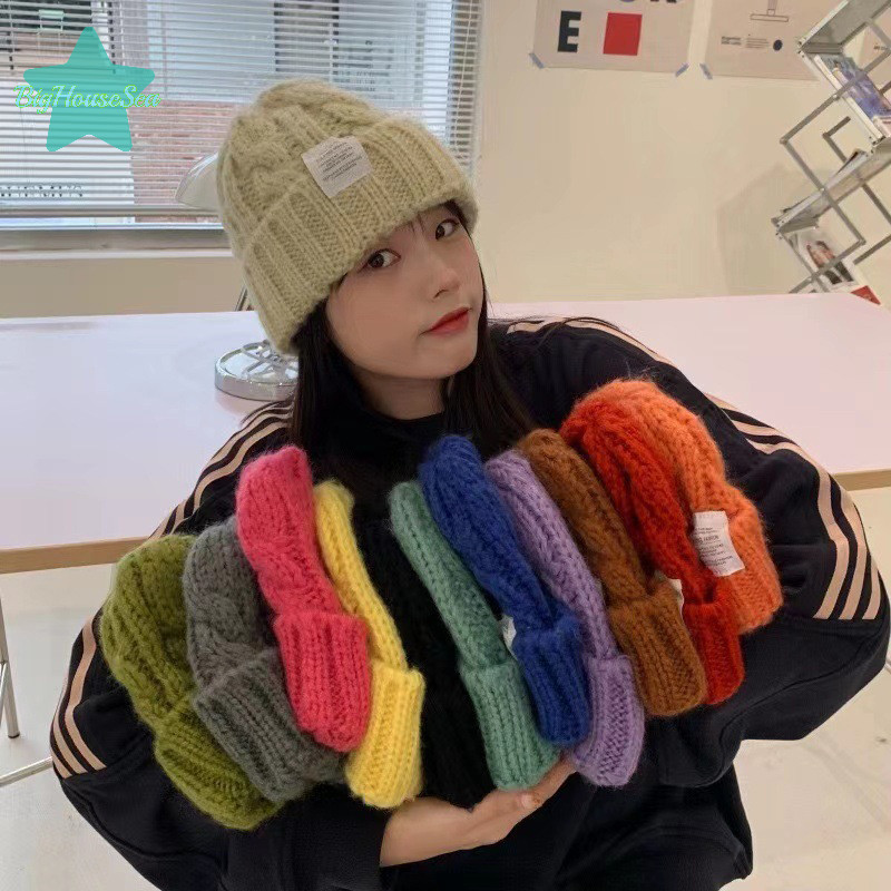 [BigHouseSea] ใหม่ผู้หญิงฤดูหนาวหมวกหมวกสําหรับผู้หญิงถักหมวกแฟชั่นขนสัตว์อบอุ่นคู่หมวก Bonnet ผู้หญิงฤดูหนาว Twist หญิง Bonnet ใหม่