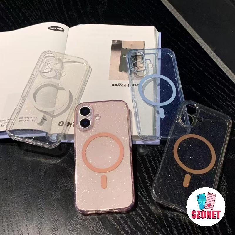 Glitter แม่เหล็กโปร่งใส Wreless ชาร์จนุ่มกันกระแทกเคสโทรศัพท์สําหรับ iPhone 15 14 13 12 11 Pro Max 15 Plus XS XR X 8 7 6S Plus + SE 2020 Anti-fall Clear เคสโทรศัพท์ฝาครอบ
