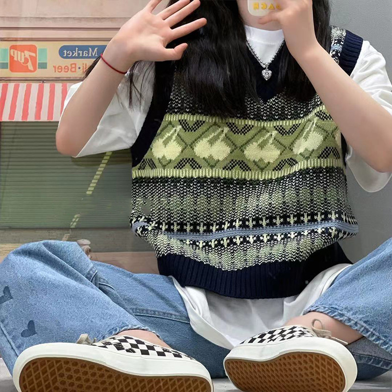 เกาหลีฤดูใบไม้ร่วงและฤดูหนาวที่นิยมในโลกออนไลน์ krish เสื้อถักเชอร์รี่เสื้อไหมพรมเสื้อกั๊กเสื้อกั๊กผ