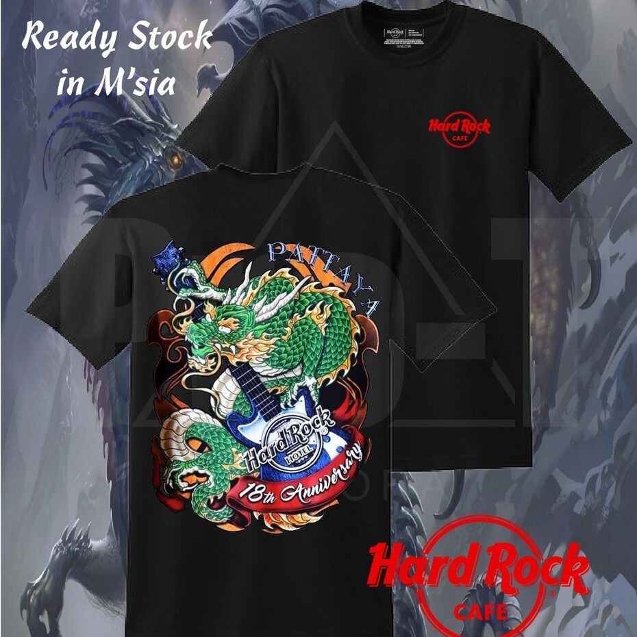 ผ้าฝ้ายแท้ 100% พร้อมสต็อก Hard Rock แฟชั่น Dragon Naga Tshirt "Pattaya 18th Anniversary" (การพิมพ์ 