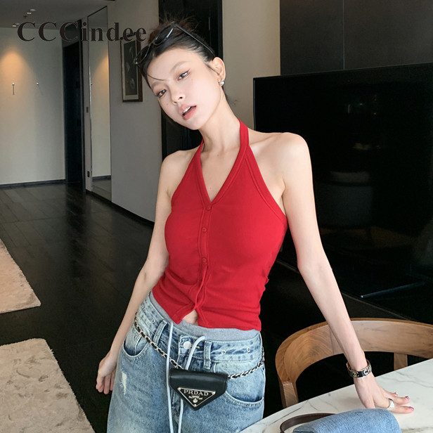 Cccindee ผู้หญิงตัวอักษรพิมพ์ Camisole 2024 แฟชั่นอเมริกันสไตล์ใหม่ Slim Fit คอวี