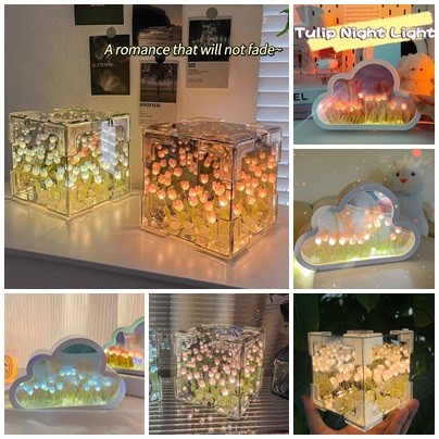 Ins Cube Tulip Night Light Creative Cloud Diy Night Light ทิวลิปตกแต่งเครื่องประดับของขวัญอุปกรณ์