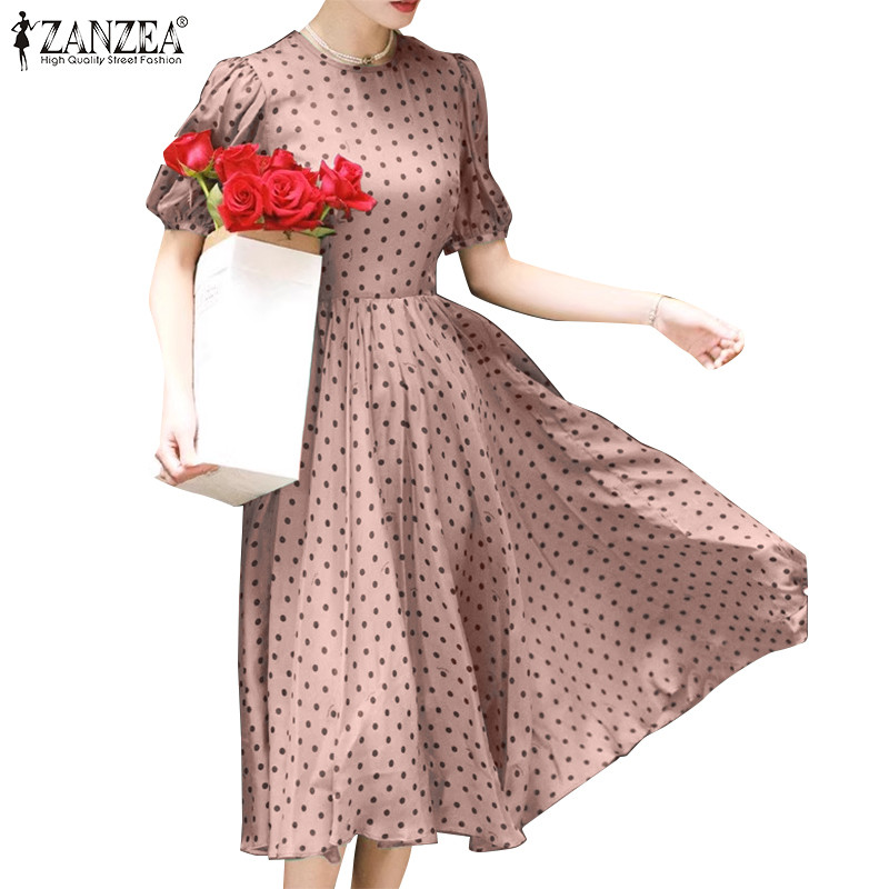 Zanzea ผู้หญิงแฟชั่นเกาหลีรอบคอพัฟแขนลายจุด A-Hem ซิปไม่มีกระเป๋าเดรส