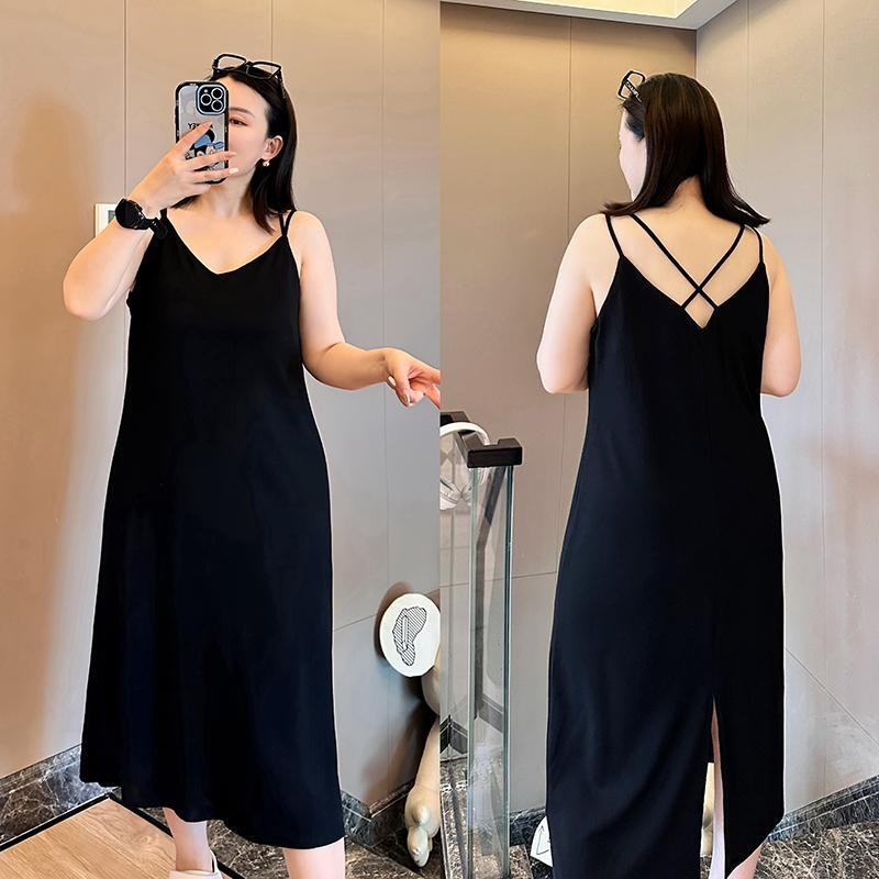 Dress Oversize(40-150kg) ผู้หญิงแขนกุด A-Line Plain Dress ชุดนอนขนาดบวกแยกชุดสลิป