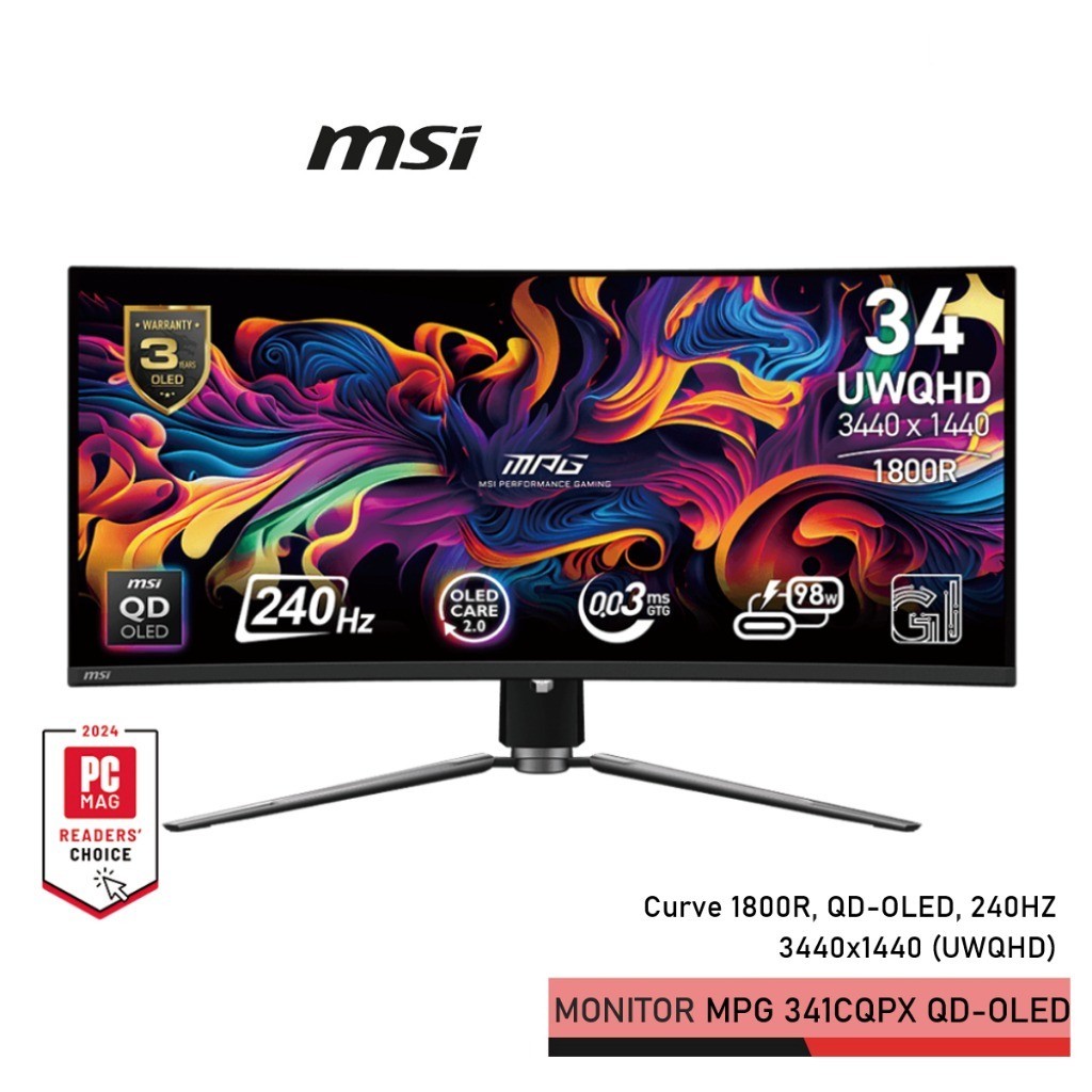 MSI MPG 341CQPX QD-OLED MONITOR (จอมอนิเตอร์) 34.18" 3440x1440 UWQHD,QD-OLED,240Hz,0.03ms,ประกันศูนย