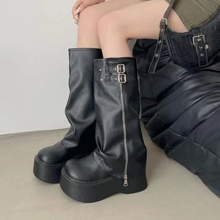 EROL ผู้หญิง Biker รองเท้า, แพลตฟอร์มเข็มขัดหัวเข็มขัดผู้หญิงเข่าสูง Booties, แฟชั่น Y2K Punk Street สไตล์ Casual ยาวท่อ Booties สุภาพสตรี