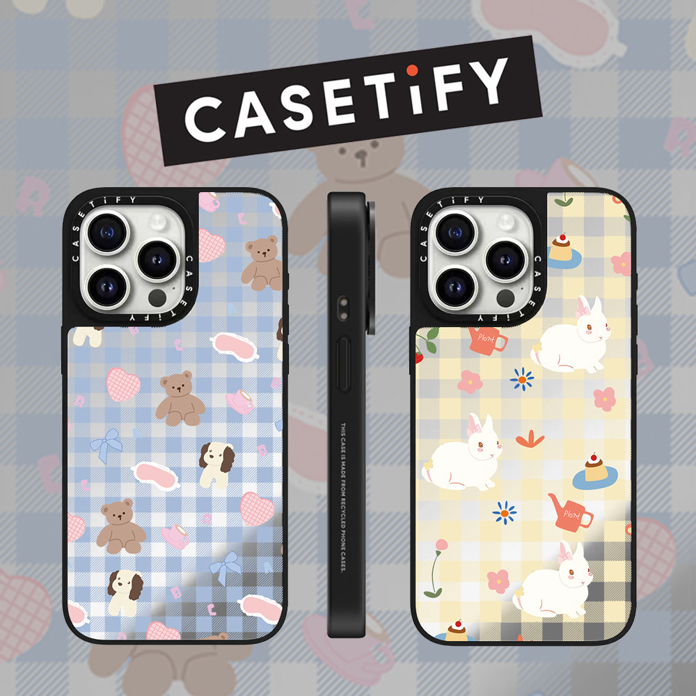 Casetify น่ารักกระดานหมากรุกรูปแบบสุนัขหมีกระจกใบหน้าเคสโทรศัพท์สําหรับ iPhone 15 Pro Max 14 Plus 13 ProMax 12 12Pro 11 โทรศัพท์กันกระแทกขอบนุ่มฮาร์ดป้องกันกรณี