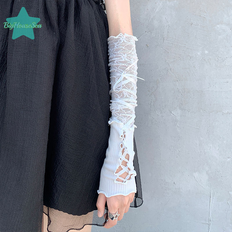 [BigHouseSea] Lolita Ribbon Gloves Sweet Girl Lace Ruffles Gothic Punk Fingerless Arm Sleeve Cosplay Accessories Fishnet Mesh Party Gloves ใหม่