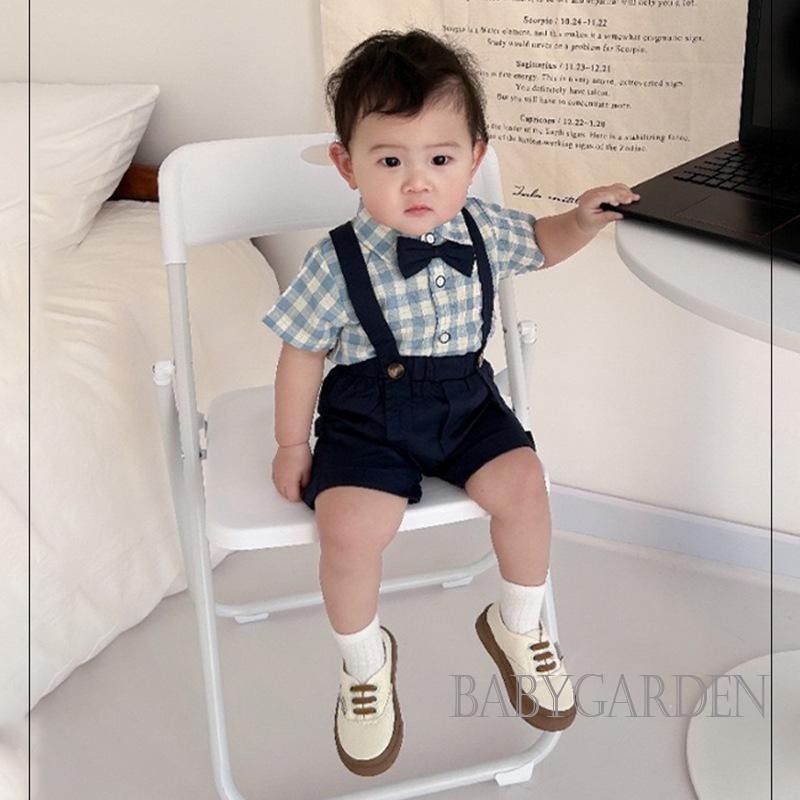 //-6Month-5years ชุดเด็กทารกสุภาพบุรุษเสื้อเชิ้ตลายสก๊อตแขนสั้นพร้อมกางเกงขาสั้น Supender สําหรับฤดูร้อน