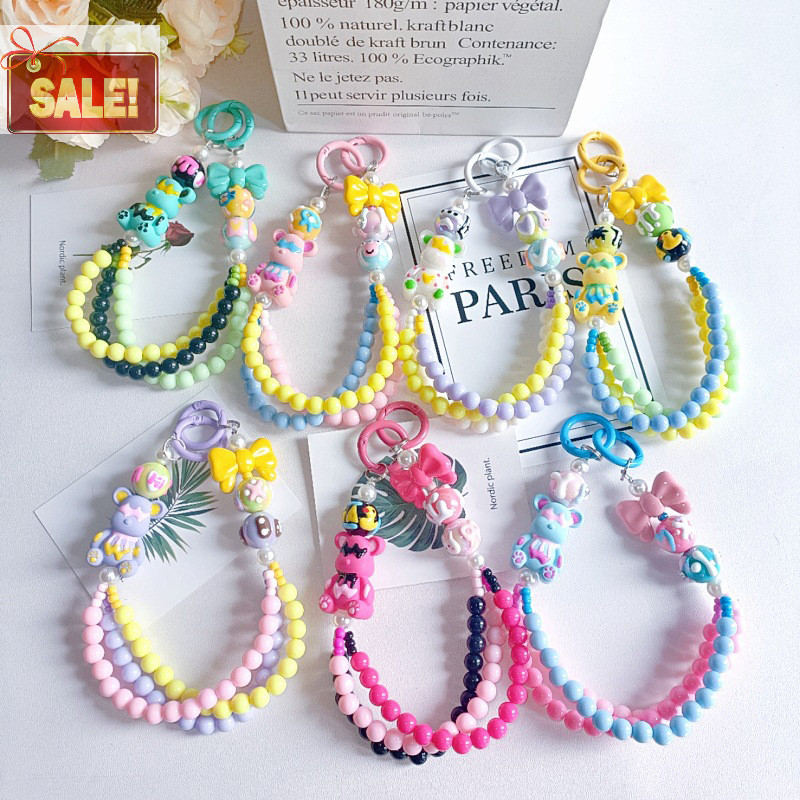Bl สีสัน Dopamine Bear พวงกุญแจลูกปัดโทรศัพท์ Anti-Lost Lanyard โทรศัพท์สายรัดข้อมือสั้นกระเป๋าเป้สะพายหลังจี้ตกแต่งของขวัญ A