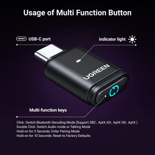 Ugreen USB C Bluetooth 5.3 เครื่องส่งสัญญาณ aptX SBC aptX AD HD Dongle Adapter สําหรับแล็ปท็อป PS5