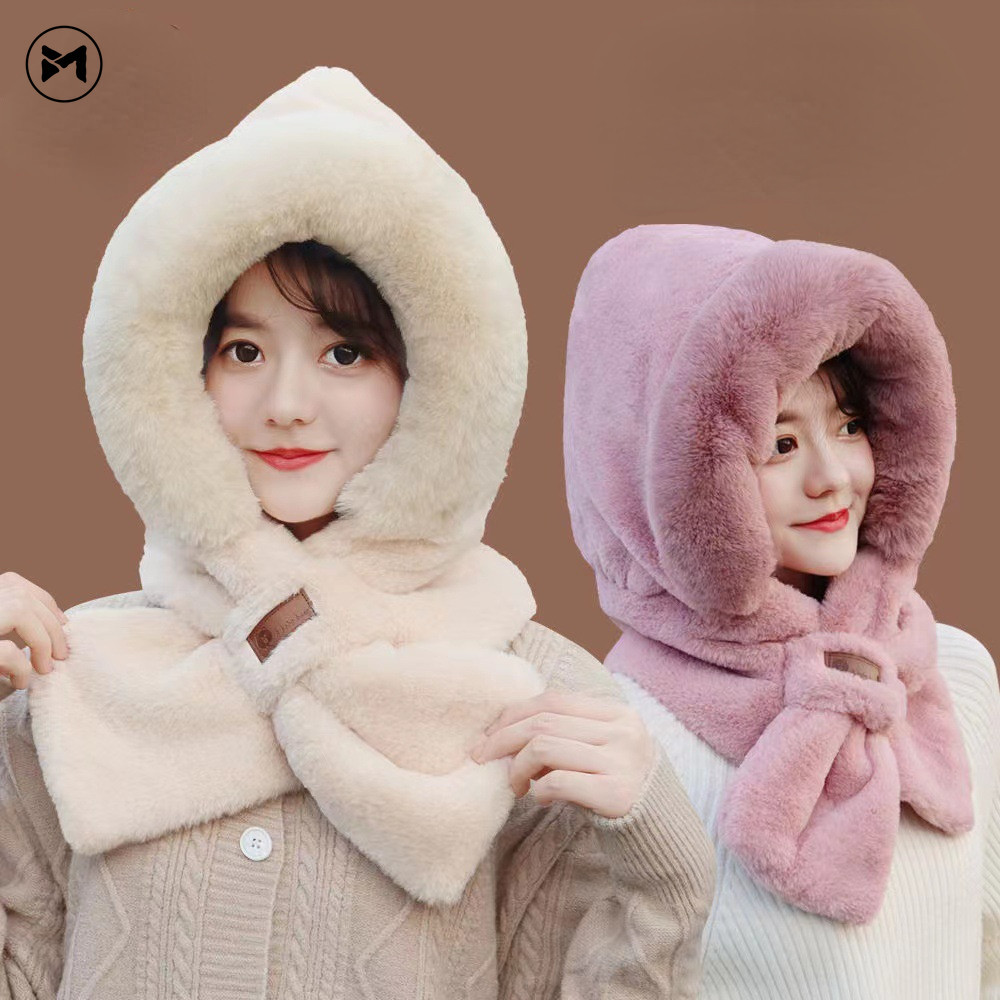 2024 มาใหม่ฤดูหนาวใหม่หมวกผ้าพันคอแบบบูรณาการตุ๊กตาหมวกผู้หญิงขี่จักรยานหมวกหนาตุ๊กตาป้องกันหูผ้าพันคอความร้อนหมวก