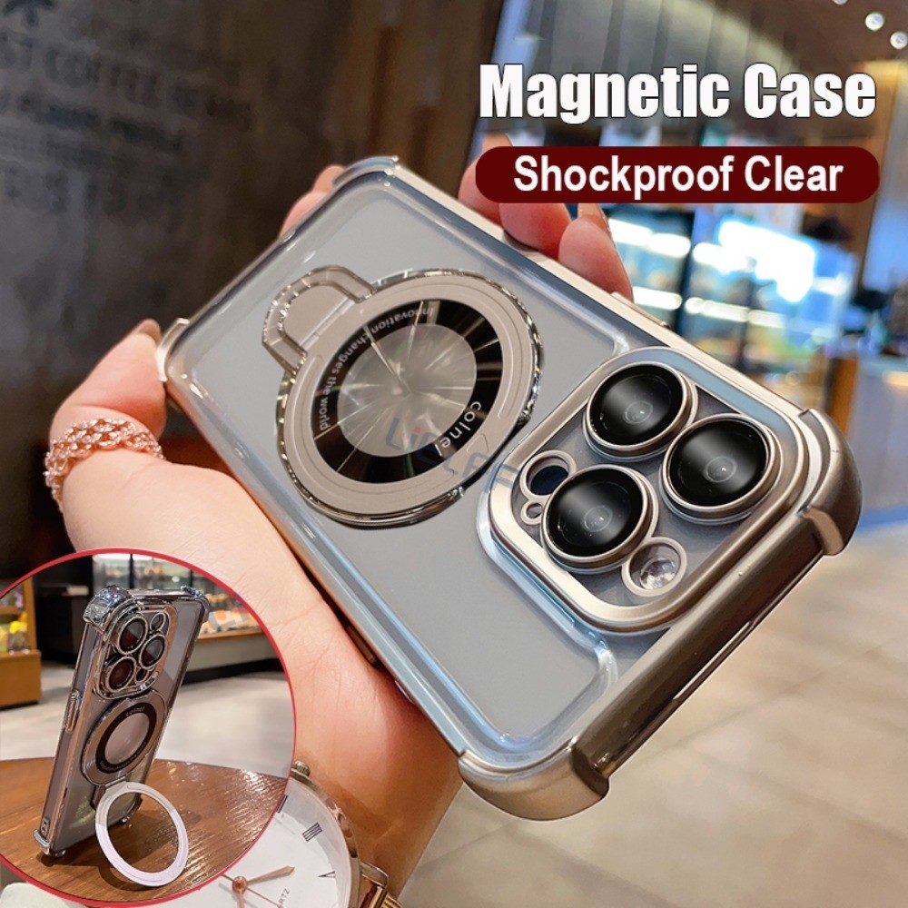 เลนส์ใสฟิล์มแก้วเคสโทรศัพท์สําหรับ ไอโฟน 16 มือโปร สูงสุด 11 12 13 14 15 มือโปร สูงสุด 16บวกแม่เหล็กหมุนยืนถุงลมนิรภัยปลอกกันกระแทกกล้องป้องกันรอยขีดข่วนปกห