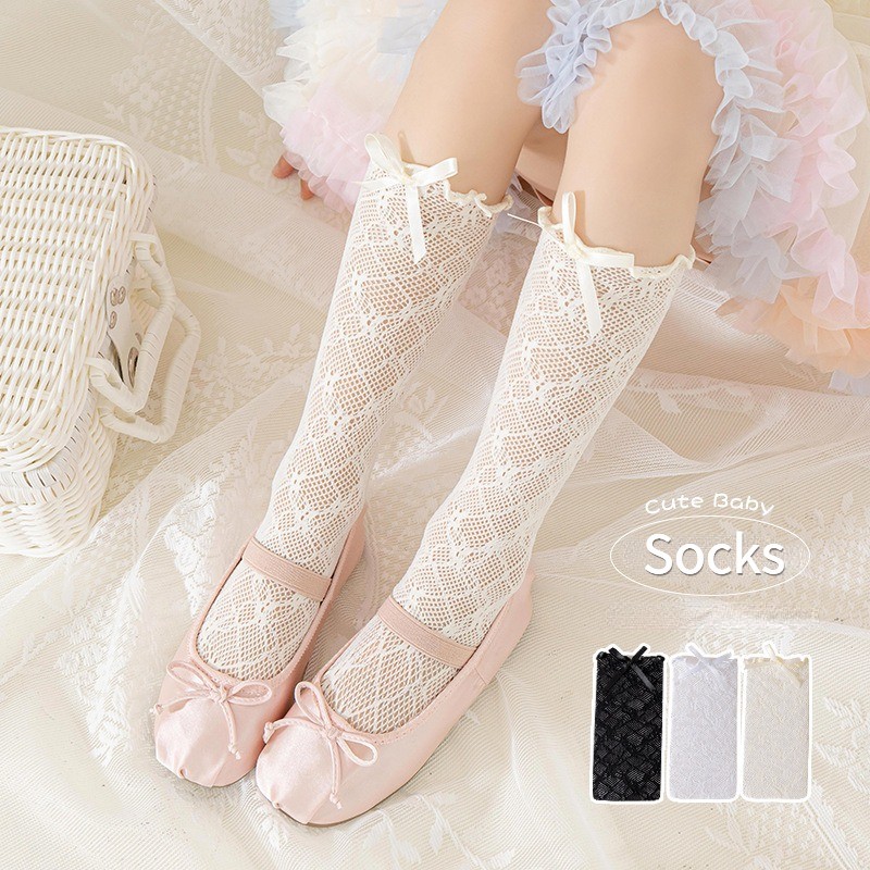 น่ารัก สีทึบโบว์กลวงลูกไม้เข่าสูงถุงเท้าผู้หญิงฤดูร้อน เจเค โลลิต้า หวานและน่ารักถุงเท้า