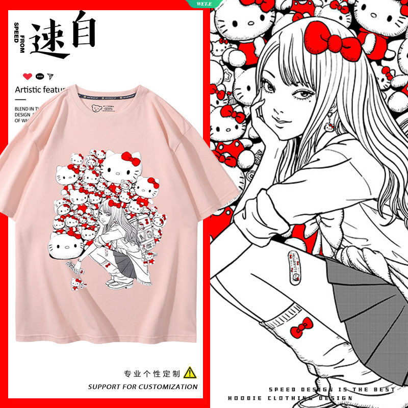 Ito Junji ร่วมแบรนด์ Hello Kitty และ Tomie Peripheral แขนสั้นผู้ชายและผู้หญิงฤดูร้อนญี่ปุ่นน่ารักร้อ