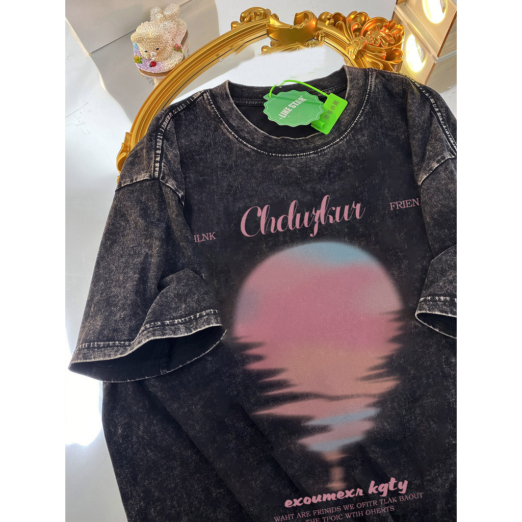 SELVZE（จัดส่งตลอด 24 ชั่วโมง） Printed T-shirt，การพิมพ์สีชมพูสำหรับแฟชั่นสบาย ๆ เสื้อผ้าฟอก I000260