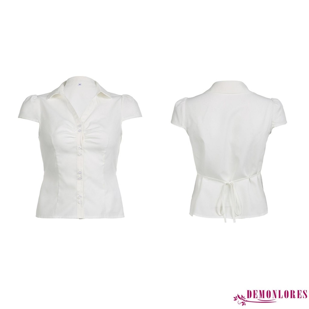 Demonlores-ผู้หญิงปุ่มลงหมวกแขนปกผูกกลับสลิมฟิตท็อปส์เสื้อฤดูร้อน - รูปที่ 7