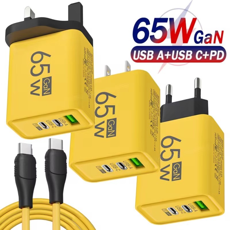 ชุดสายเคเบิลข้อมูล PD 65W Type C - QC3.0 3 พอร์ตเครื่องชาร์จโทรศัพท์มือถือ - สายเคเบิลข้อมูล Type-C คู่สําหรับ Android - โทรศัพท์มือถือ GaN Charger EU/US/UK สายเคเบิลข้อมูล