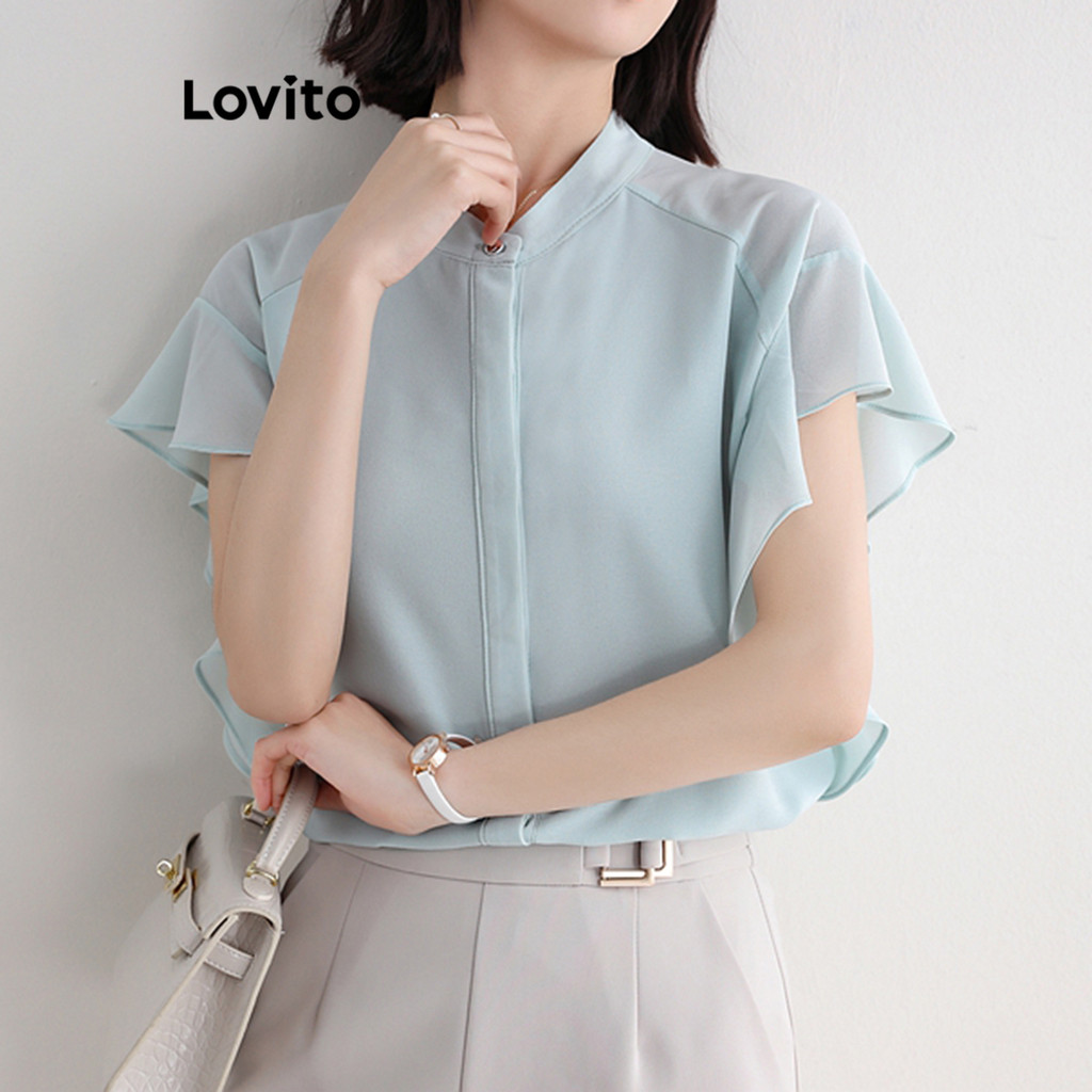 Lovito เสื้อเบลาส์ผู้หญิง แต่งระบาย สีพื้น สไตล์ลำลอง LNE67508
