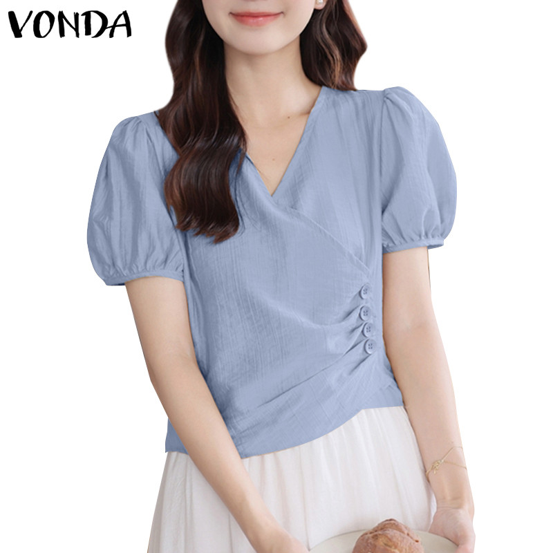 Vonda ผู้หญิงเกาหลีลําลองคอวีแขนพัฟเข็มขัดหลวม