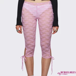 Demonlores- ผู้หญิงลูกไม้ Capri กางเกง Casual Bandage Cutout กางเกงขาสั้นยืดหยุ่นซีทรู