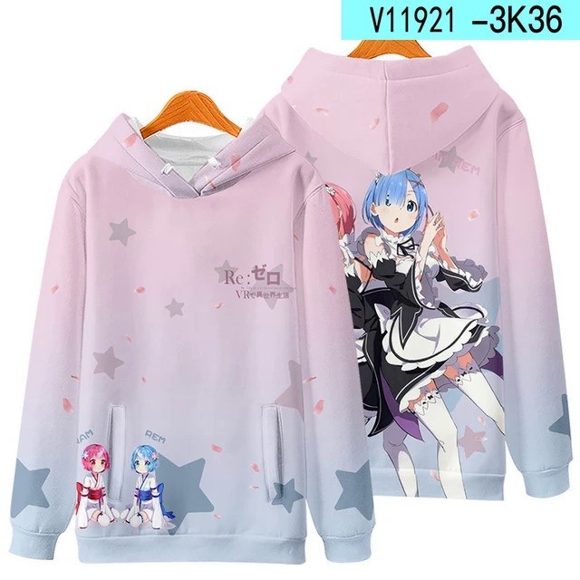 Hoodies Re Zero คอสเพลย์ Hoodie อะนิเมะ Emiria พิมพ์เสื้อกันหนาว Rem และ Ram Tracksuit สําหรับชายผู้