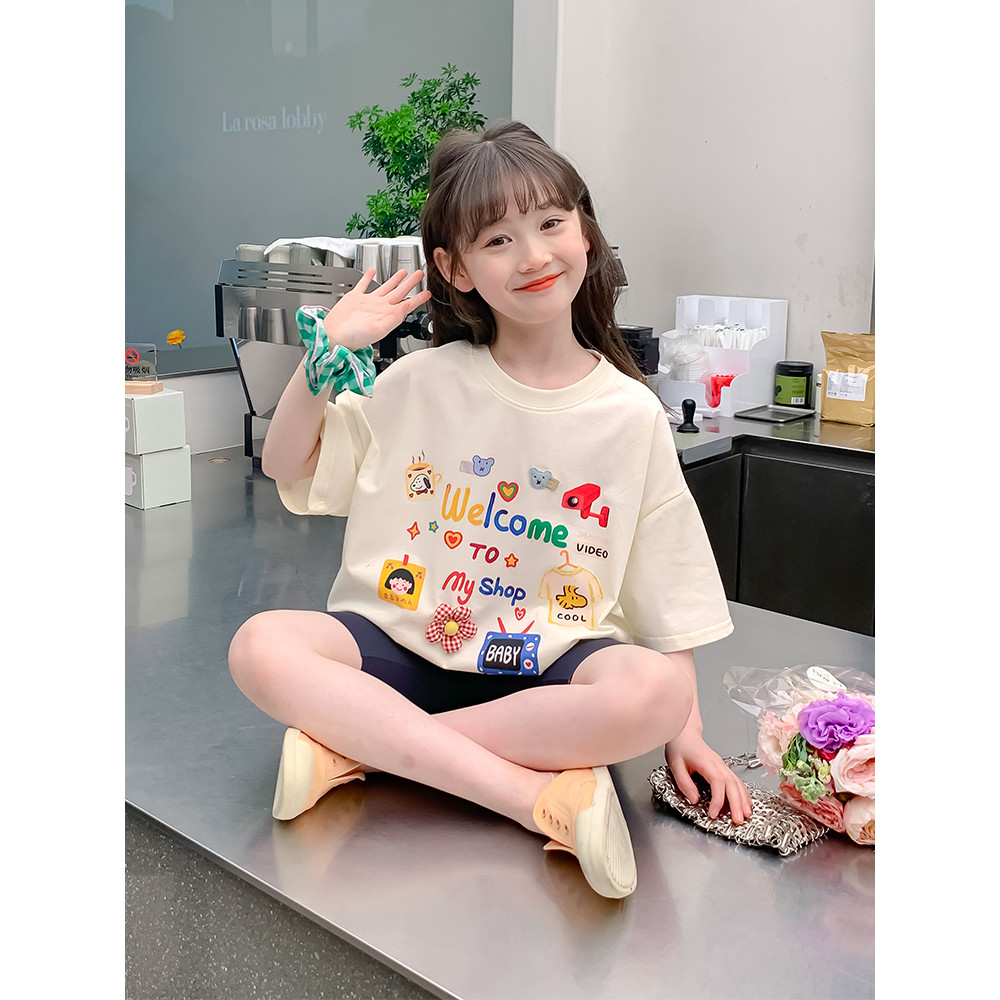 (จัดส่งตลอด 24 ชั่วโมง)Kids T shop เสื้อยืดแขนสั้น ผ้าฝ้ายแท้ พิมพ์ลายการ์ตูน สําหรับเด็กผู้หญิง