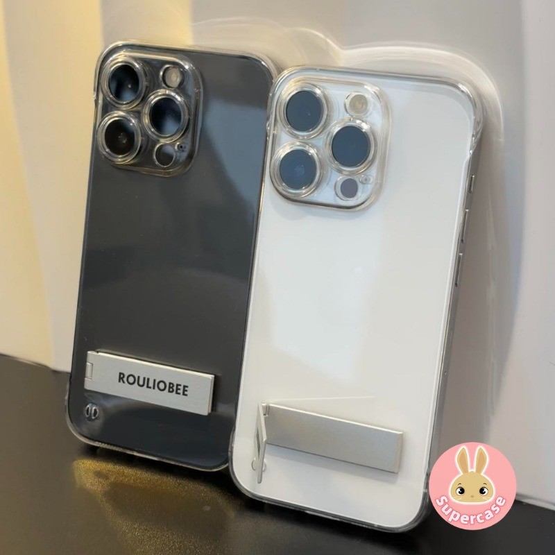 Frameless Ultra Thin ClearสําหรับiPhone 16 Pro Max 15 14 Plus 13 12 Mini 11 Pro Max X XR XS Max 8 7 6 6s Plus SE 2020 SE2ธุรกิจกันกระแทกเคสแข็งพร้อมขาตั้งที่เรียบง่าย