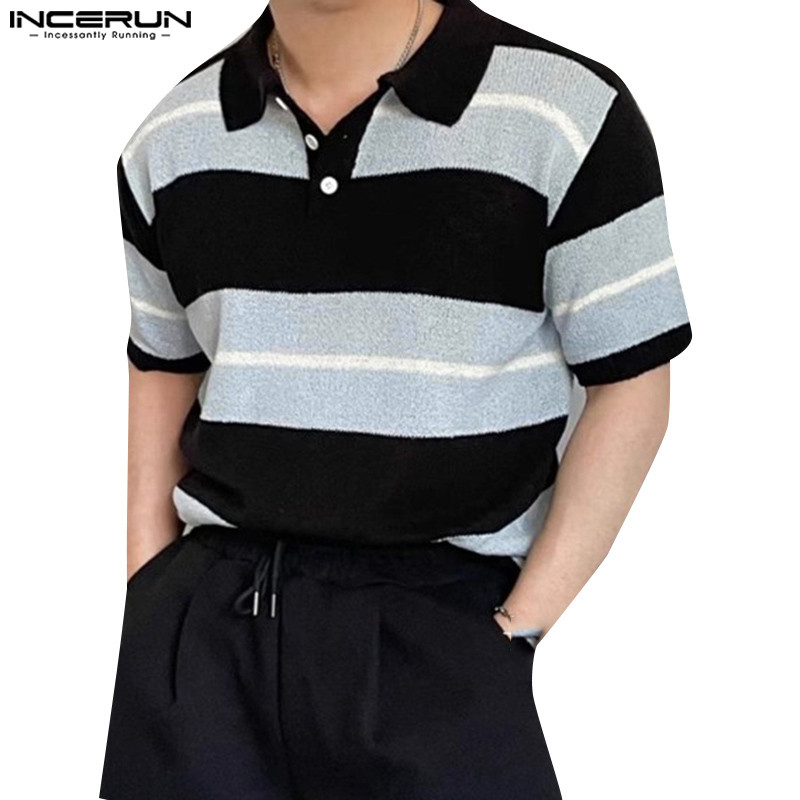 Incerun เสื้อโปโลคอปกแขนสั้นถักแนวนอนสําหรับผู้ชาย