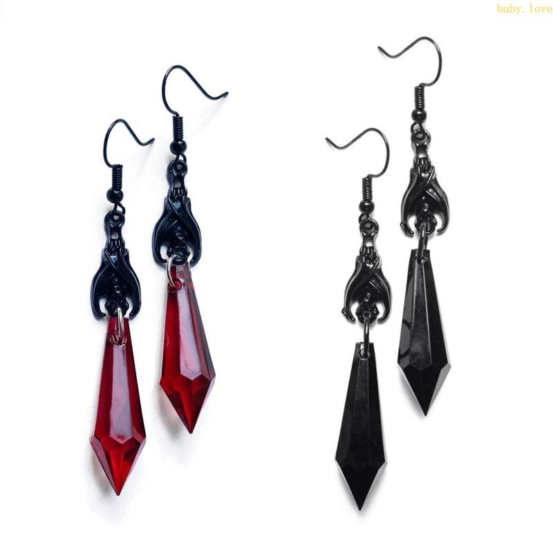 Dasbsug ต่างหูค้างคาวสีดําต่างหูห้อยหยดน้ําสีแดง Gothic ของขวัญเครื่องประดับฮาโลวีน